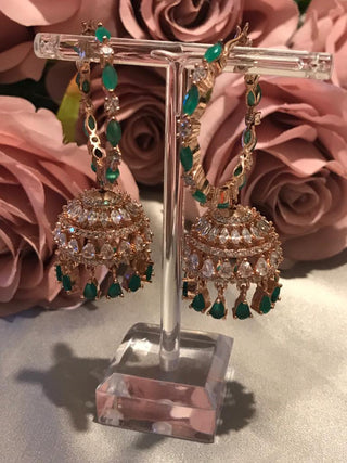 American Diamond Style Statement Earring & Tikka Set - Emerald Green / Rose Gold