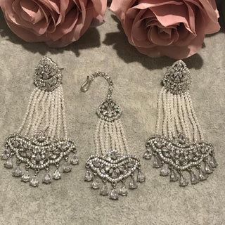 American Diamond Style Earring & Tikka Set - Silver