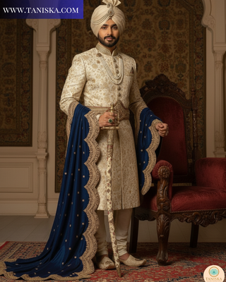 The Sapphire Sovereign | Velvet Zardosi Groom’s Shawl
