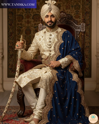The Sapphire Sovereign | Velvet Zardosi Groom’s Shawl - Groom Palla (Stole)