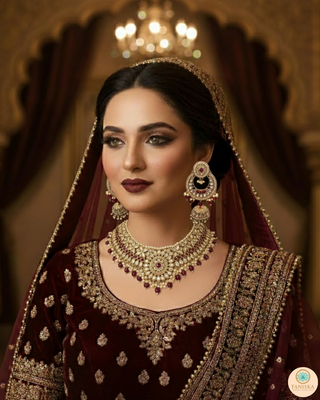 Maroon Traditional Necklace Set - Antique Gold