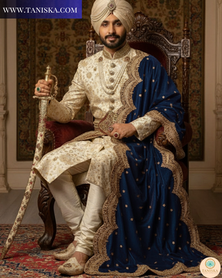 The Sapphire Sovereign | Velvet Zardosi Groom’s Shawl