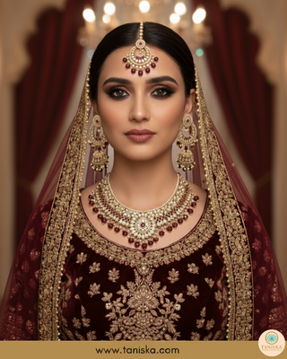 Maroon Traditional Necklace Set - Antique Gold