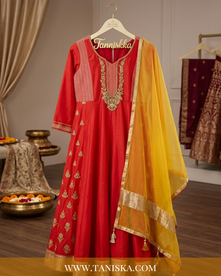 Crimson Silk Zari Work Anarkali Suit