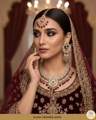 Maroon Traditional Necklace Set - Antique Gold