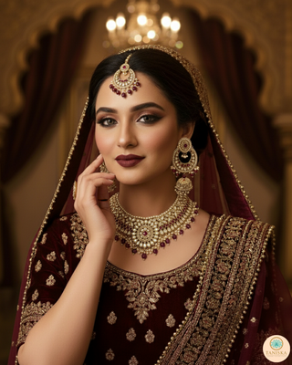 Maroon Traditional Necklace Set - Antique Gold