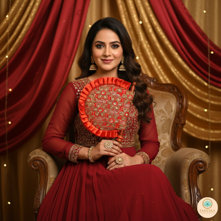 Punjabi Pakhi with Golden-Red Decorated Patterns (Hand-Fan - Single Piece)