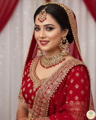 Pearly Antique Gold Necklace Set (Necklace, Earrings, Tikka) - Golden / Red