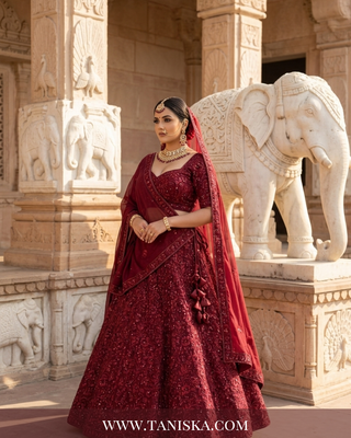 Maroon Velvet Floral Bridal Lehenga