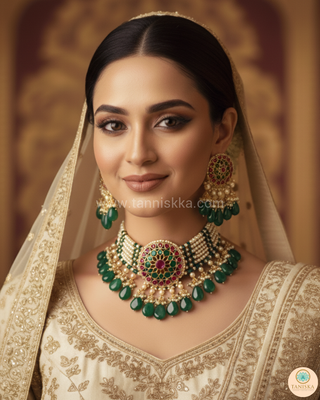 DEEPIKA Emerald Green / Hot Pink Pachi Kundan Necklace Set