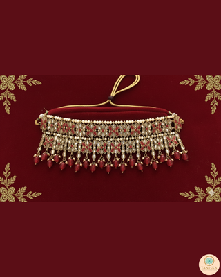 Pearly Antique Gold Necklace Set (Necklace, Earrings, Tikka) - Golden / Red