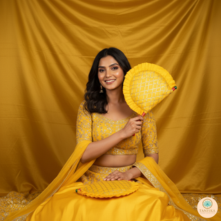 Yellow Cross Stripes Punjabi Pakhi (Hand Fans) - Pack of 2