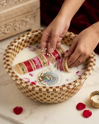 Handcrafted Meenakari Choora Bowl | Traditional Peacock Design Wedding Ritual Bowl | 14cm Gold Enamel Bowl