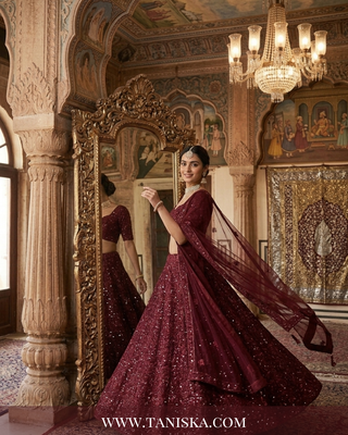 Maroon Velvet Floral Bridal Lehenga