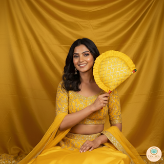 Yellow Cross Stripes Punjabi Pakhi (Hand Fan - Single Piece)