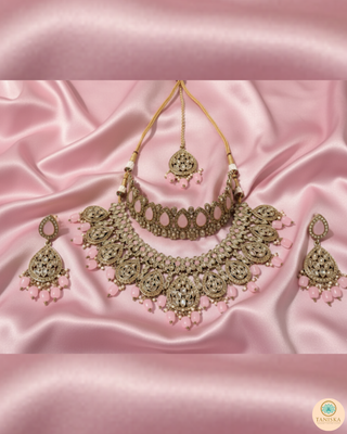 Pearly Antique Gold Necklace Set (Necklace, Earrings, Tikka) - Golden / Pink