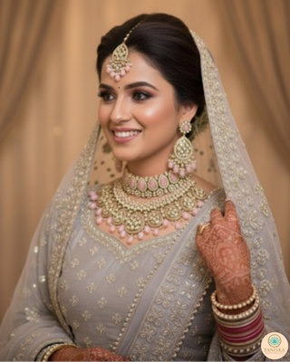 Pearly Antique Gold Necklace Set (Necklace, Earrings, Tikka) - Golden / Pink