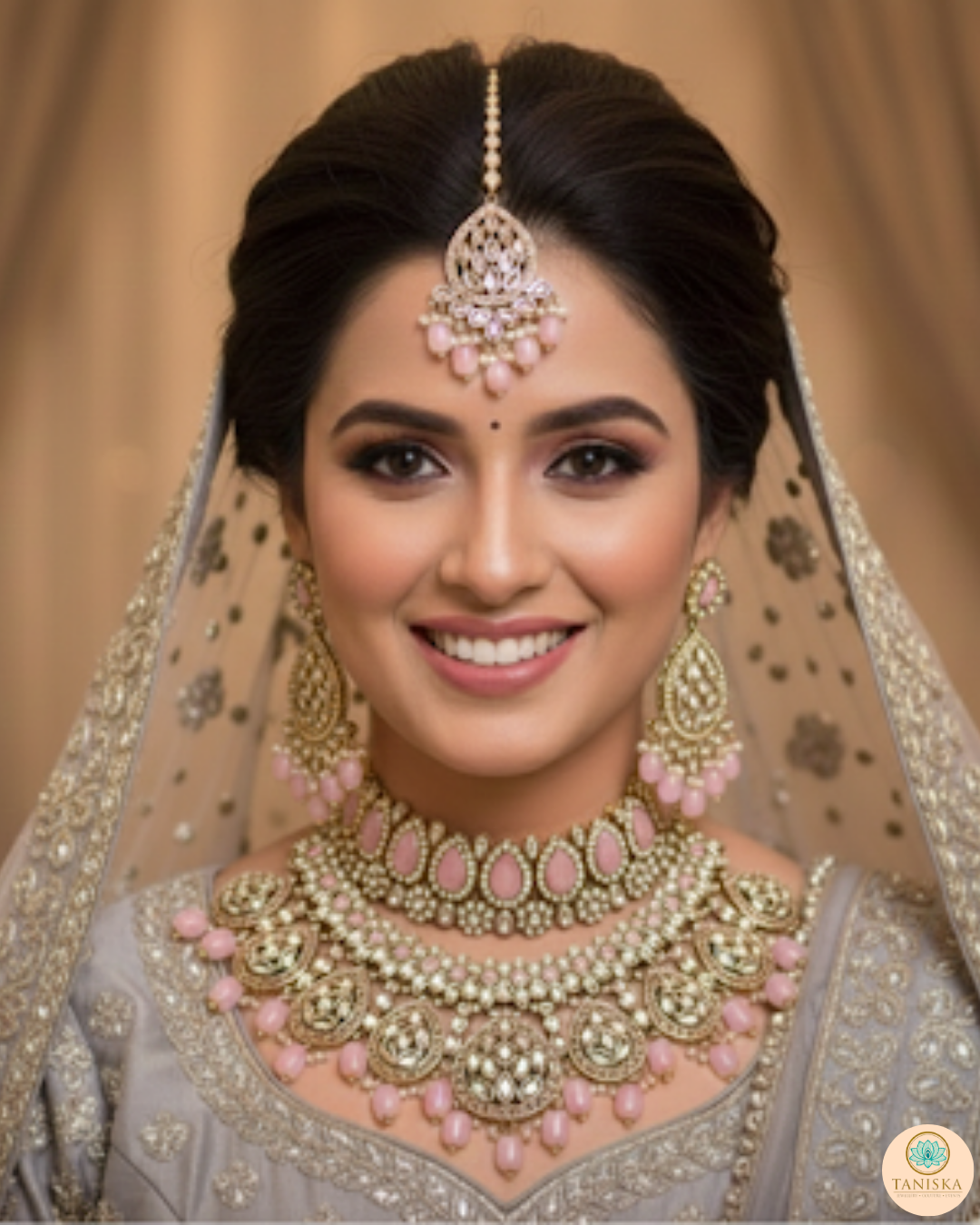 Pearly Antique Gold Necklace Set (Necklace, Earrings, Tikka) - Golden / Pink