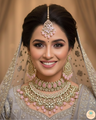 Pearly Antique Gold Necklace Set (Necklace, Earrings, Tikka) - Golden / Pink