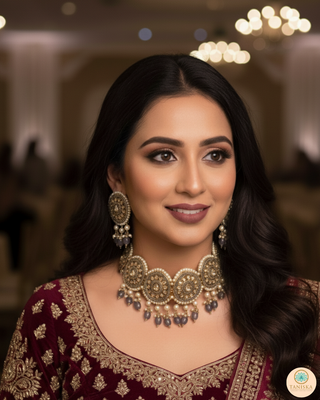 Pearly Antique Gold Necklace Set (Necklace, Earrings, Tikka) - Golden / Grey