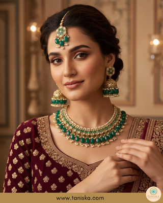 Emerald Green Traditional Necklace Set - Antique Gold