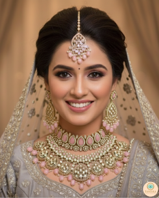 Pearly Antique Gold Necklace Set (Necklace, Earrings, Tikka) - Golden / Pink