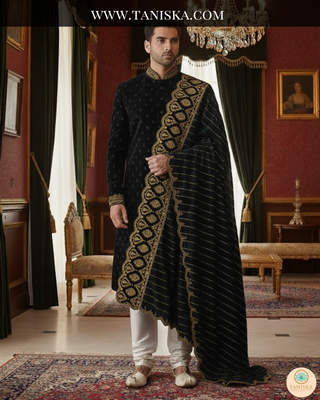 The Midnight Sultan | Striped Velvet Zardosi Groom’s Shawl