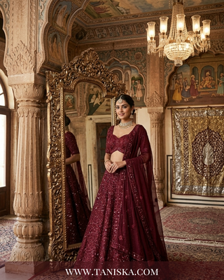 Maroon Velvet Floral Bridal Lehenga