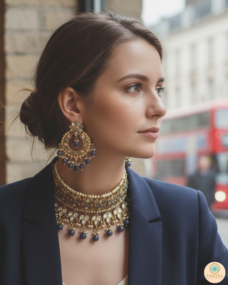 Pearly Antique Gold Necklace Set (Necklace, Earrings, Tikka) - Golden / Grey