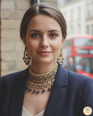 Pearly Antique Gold Necklace Set (Necklace, Earrings, Tikka) - Golden / Grey