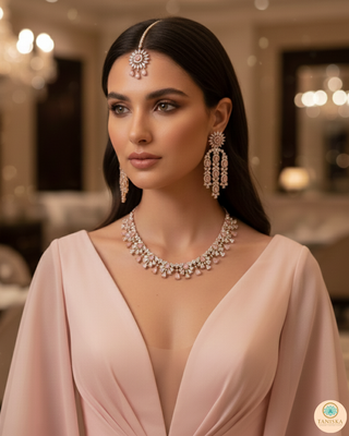 American Diamond Style Necklace Set - Rose Gold / Baby Pink