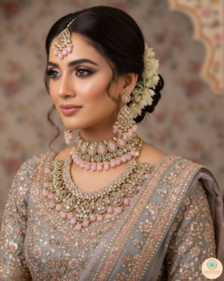 Pearly Antique Gold Necklace Set (Necklace, Earrings, Tikka) - Golden / Pink