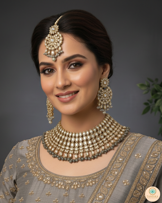 Pearly Antique Gold Necklace Set (Necklace, Earrings, Tikka) - Golden / Grey
