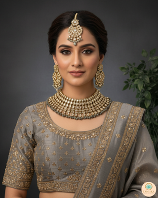 Pearly Antique Gold Necklace Set (Necklace, Earrings, Tikka) - Golden / Grey
