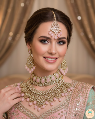 Pearly Antique Gold Necklace Set (Necklace, Earrings, Tikka) - Golden / Pink
