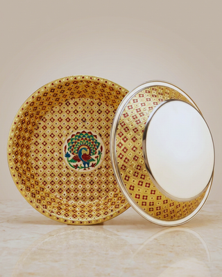 Handcrafted Meenakari Choora Bowl | Traditional Peacock Design Wedding Ritual Bowl | 14cm Gold Enamel Bowl