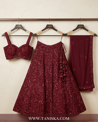 Maroon Velvet Floral Bridal Lehenga