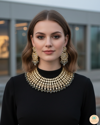 Pearly Antique Gold Necklace Set (Necklace, Earrings, Tikka) - Golden / Grey