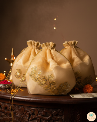 1 Golden Multi-Purpose DORI RUMAL (Gift Bag, Thaal Cover, Potli Bag - Perfect for: Indian Wedding, Shagan Ceremony, Chunni Charhana, Bridal Shower, Baby Shower, Maiyan, Weddings, Favors, Shaadi, Walima)