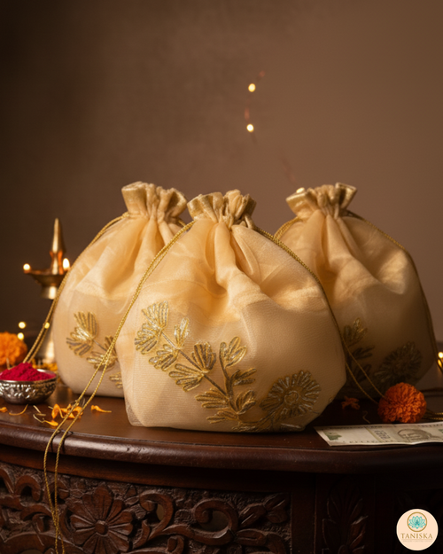 1 Golden Multi-Purpose DORI RUMAL (Gift Bag Thaal Cover Potli Bag - Perfect for: Indian Wedding Shagan Ceremony Chunni