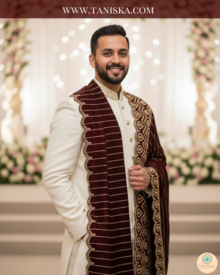 The Regal Crimson | Striped Velvet Zardosi Groom’s Shawl