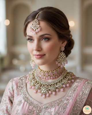 Pearly Antique Gold Necklace Set (Necklace, Earrings, Tikka) - Golden / Pink