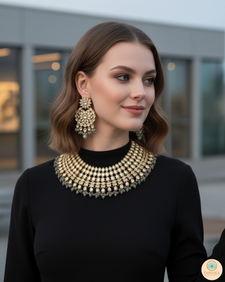 Pearly Antique Gold Necklace Set (Necklace, Earrings, Tikka) - Golden / Grey
