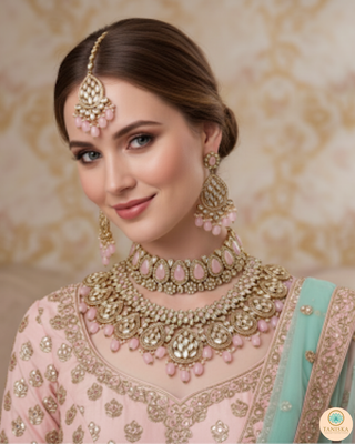 Pearly Antique Gold Necklace Set (Necklace, Earrings, Tikka) - Golden / Pink
