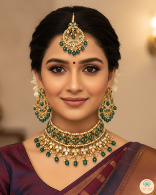 Pearly Antique Gold Necklace Set (Necklace, Earrings, Tikka) - Golden / Emerald Green