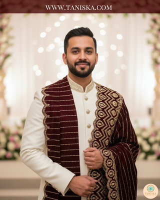 The Regal Crimson | Striped Velvet Zardosi Groom’s Shawl