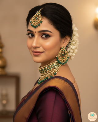 Pearly Antique Gold Necklace Set (Necklace, Earrings, Tikka) - Golden / Emerald Green
