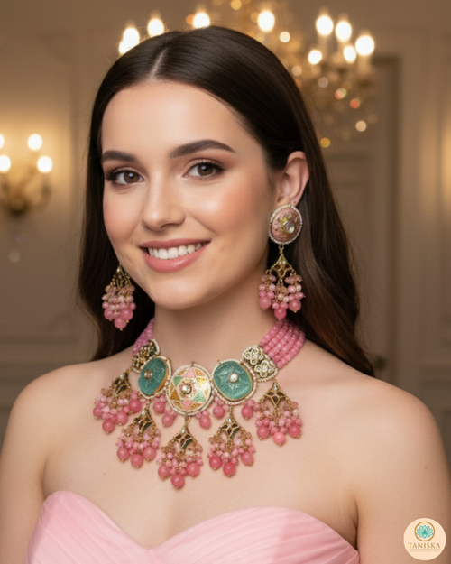 ZOYA Pink/Turquoise Combo Kundan Necklace Set - Necklace Set