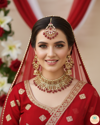 Pearly Antique Gold Necklace Set (Necklace, Earrings, Tikka) - Golden / Red