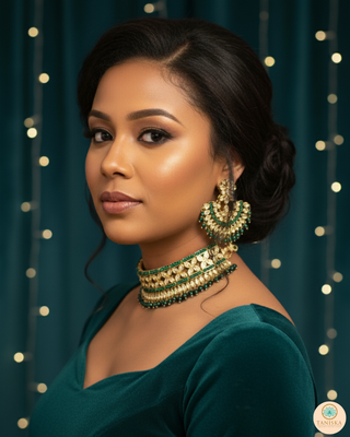 Pearly Antique Gold Necklace Set (Necklace, Earrings, Tikka) - Golden / Emerald Green